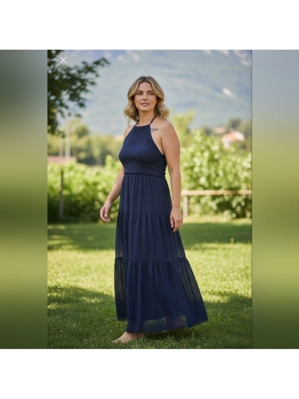 Pretty Garden Halter Sleeveless Maxi Dress Navy Blue NWT